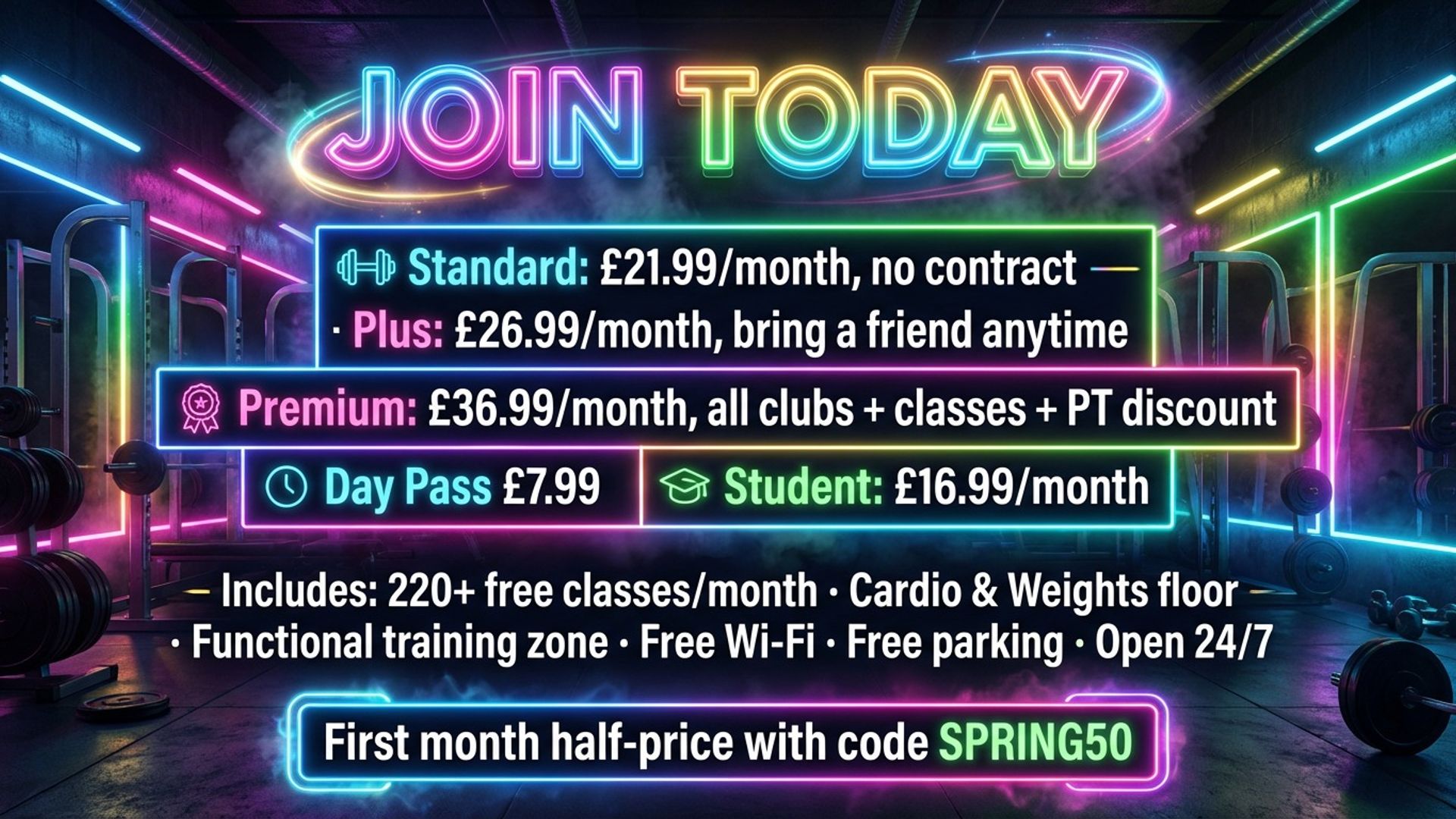 digital class timetable screen showing membership offers design