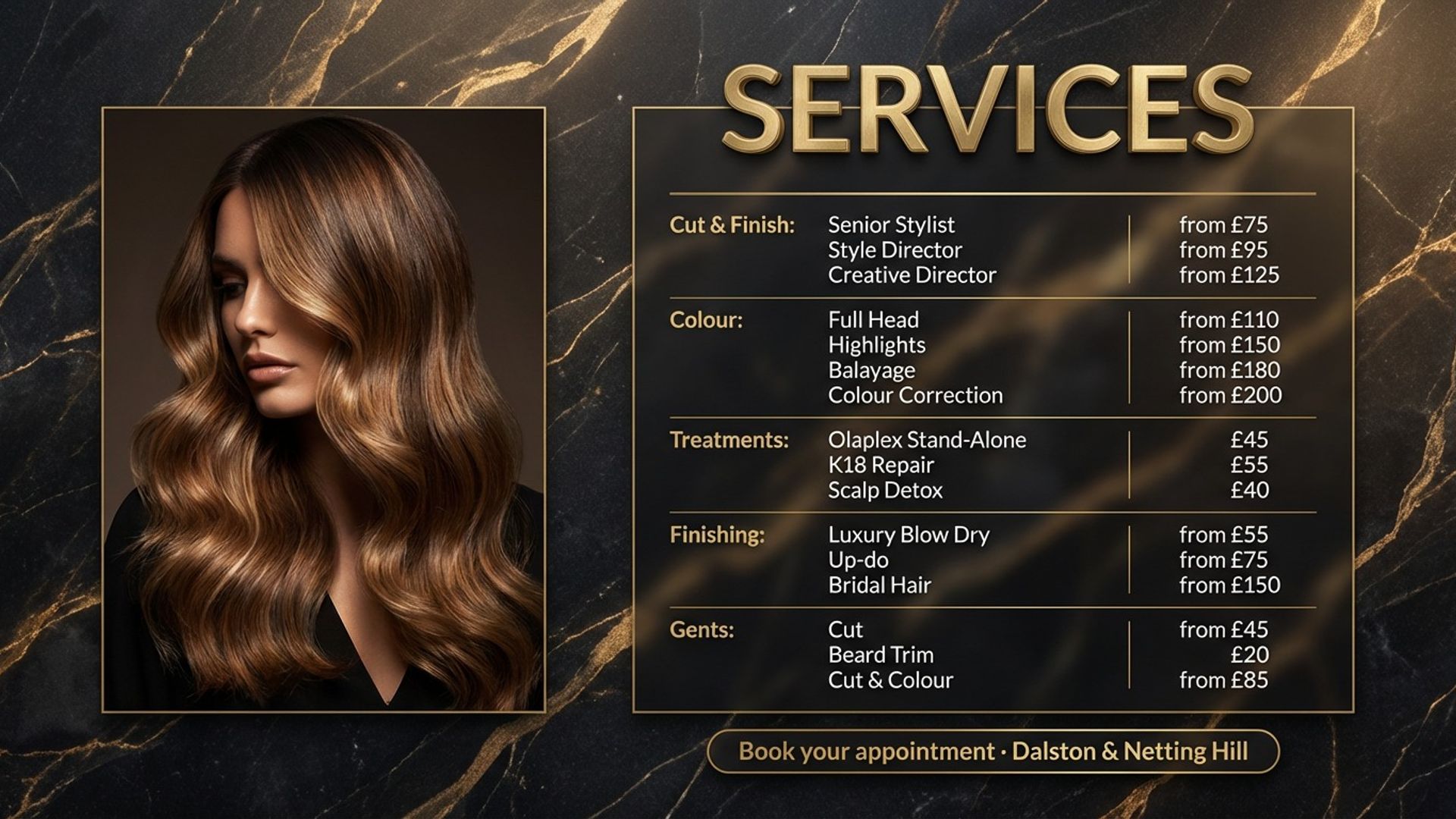 digital service screen showing salon services board design