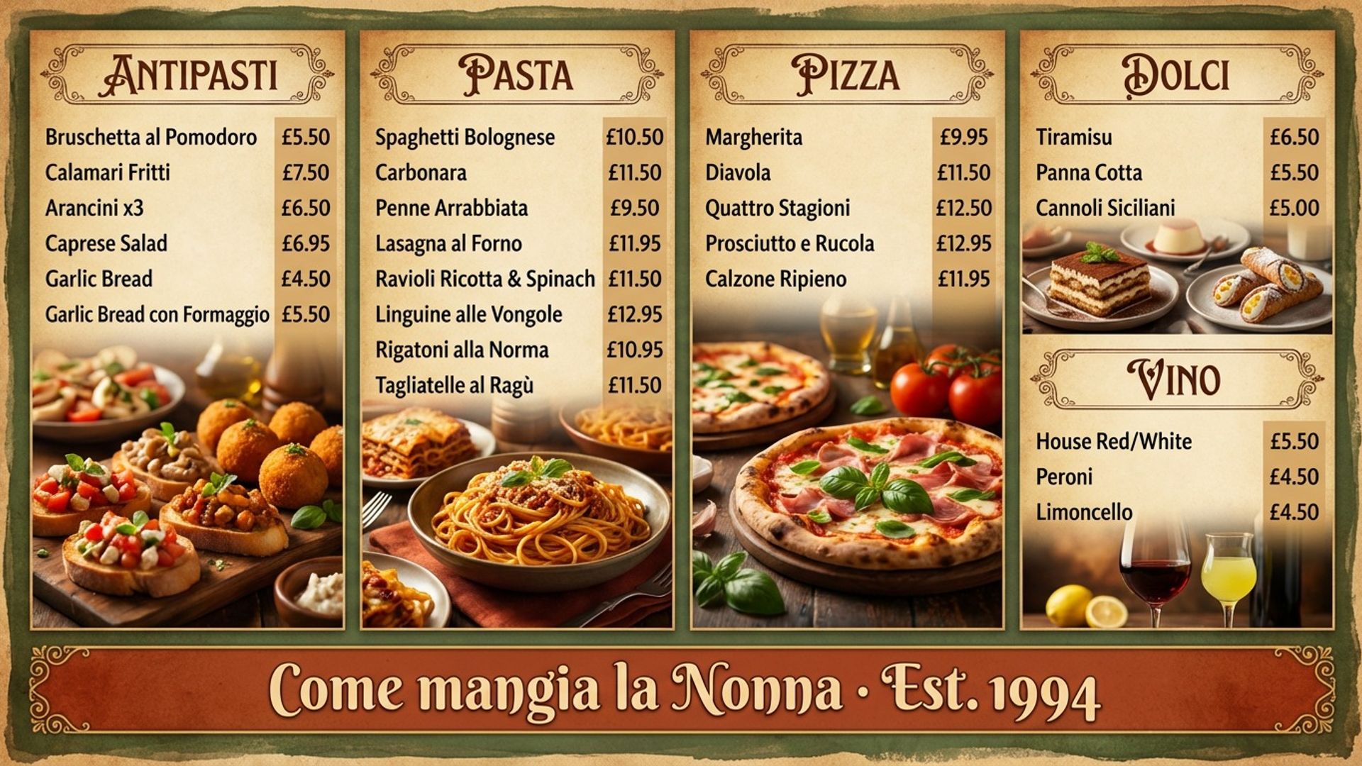 Italian trattoria menu